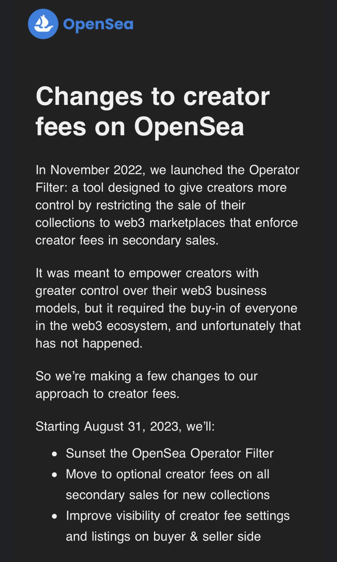 Changes to creator fees on OpenSea