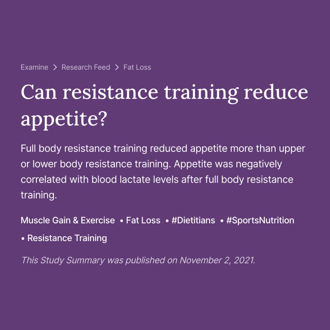 Full body resistance training reduced appetite more than upper or lower body resistance training. Appetite was negatively correlated with blood lactate levels after full body resistance training.

Read the Study Summary: examine.news/tw230817-2

#examined #resistancetraining