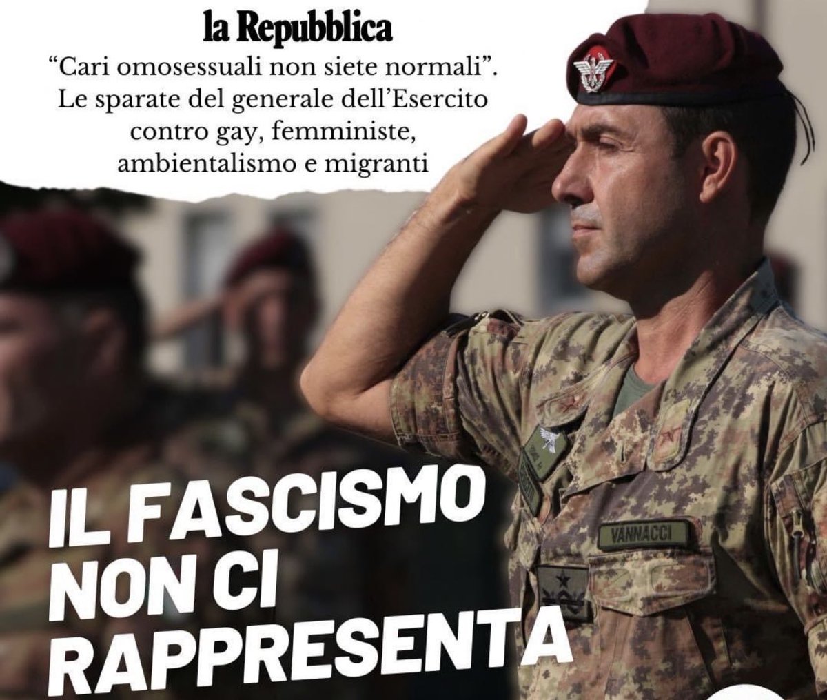 rulajebreal's tweet photo. Italy’s ex Special Operation Forces commander in #Afghanistan, general #Vannacci, published a “Fascism Racial Manifesto,” attacking what he calls the dictatorship of: “gays, immigrants, activists, feminists &amp; black Italian athletes.
KKK terrorists share this hatred and ideology. https://t.co/Te7VlDsEbq