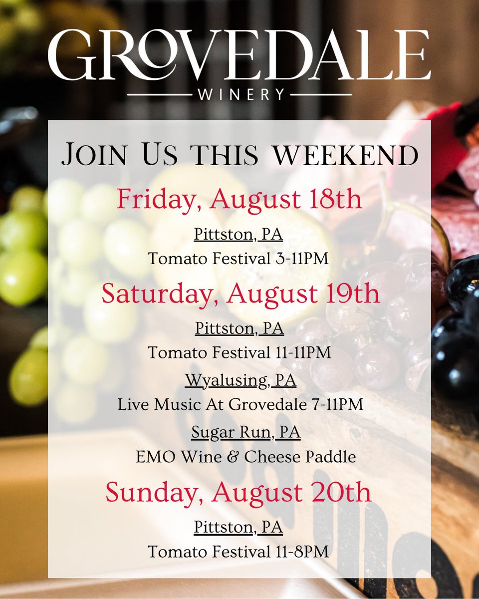 grovedalewinery's tweet photo. Join us at our tasting room on Saturday for Live Music on the Patio! Ben Yates will be playing from 7-10PM. The Bluebird food truck will also be here to serve you delicious menu items from 3-9pm
We will also be in Pittston all weekend at the Tomato Festival! Stop by and visit us! https://t.co/3znWCgw50c