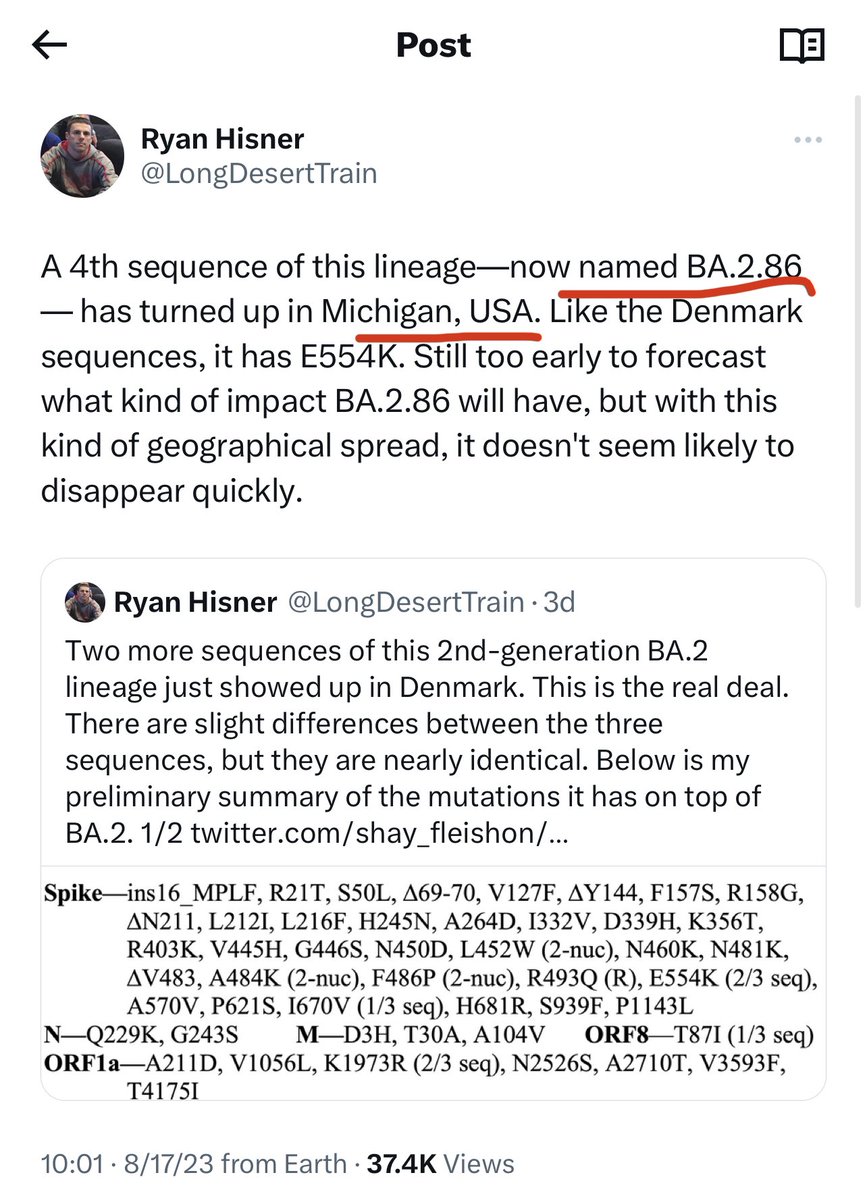 ⚠️”Large number of mutations… warrants attention”—with huge differences from older strain &amp; from next XBB15-gen vaccines—Even WHO is concerned that it put up an alert on the worrisome #COVID variant #BA286–from Israel, but now found in Denmark &amp; Michigan, USA. Why is it bad?🧵