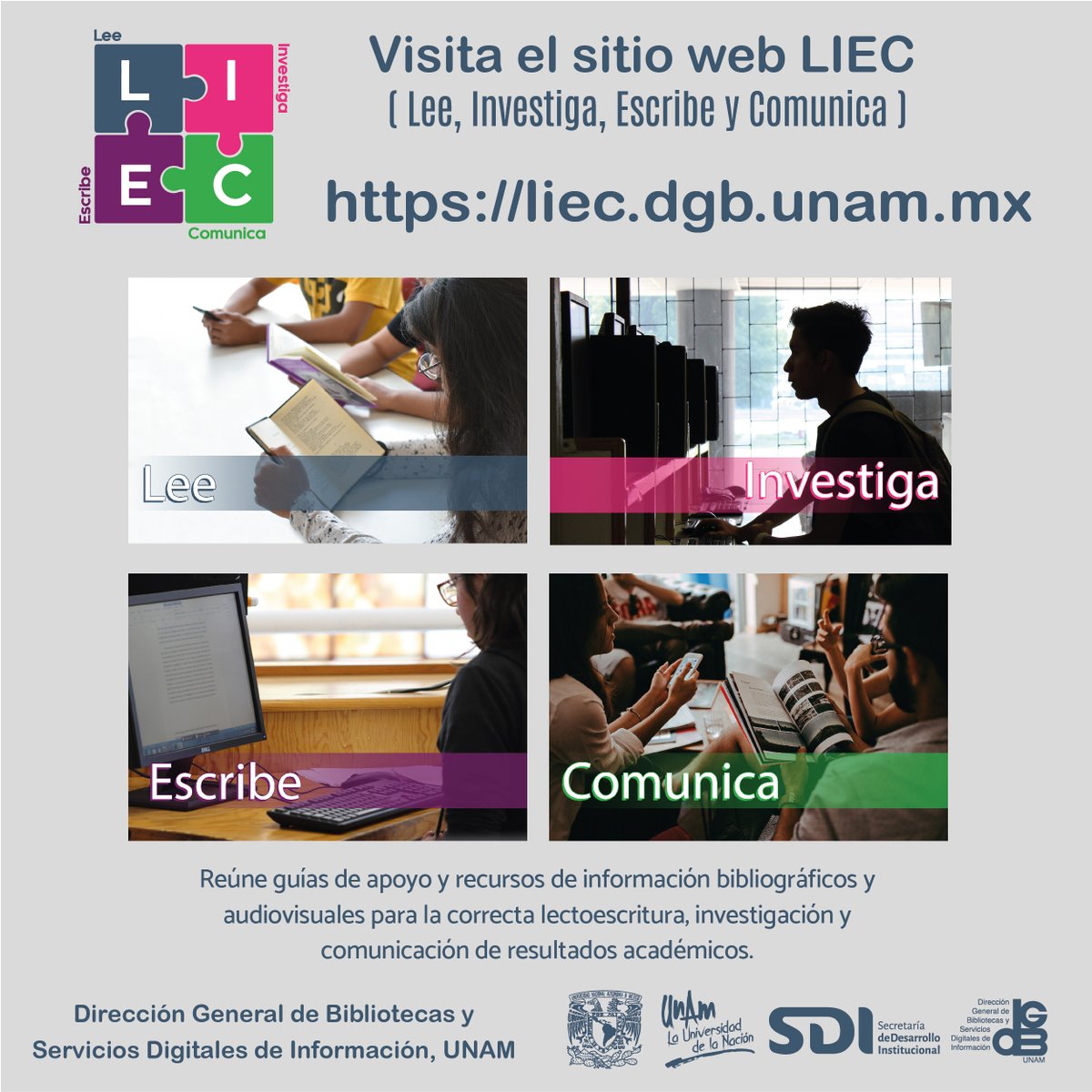 bibliotecasUNAM's tweet image. #ComunidadUNAM, conoce el sitio #LIEC (#Lee 📚, #Investiga 🔍, #Escribe ✍️🏽 y #Comunica 🗣️)👇🏽

Un sitio en donde puedes reforzar tu proceso de aprendizaje para #leer, #investigar, #escribir, #publicar y #comunicar adecuadamente.

🔗 liec.dgb.unam.mx

#UNAM #BibliotecasUNAM