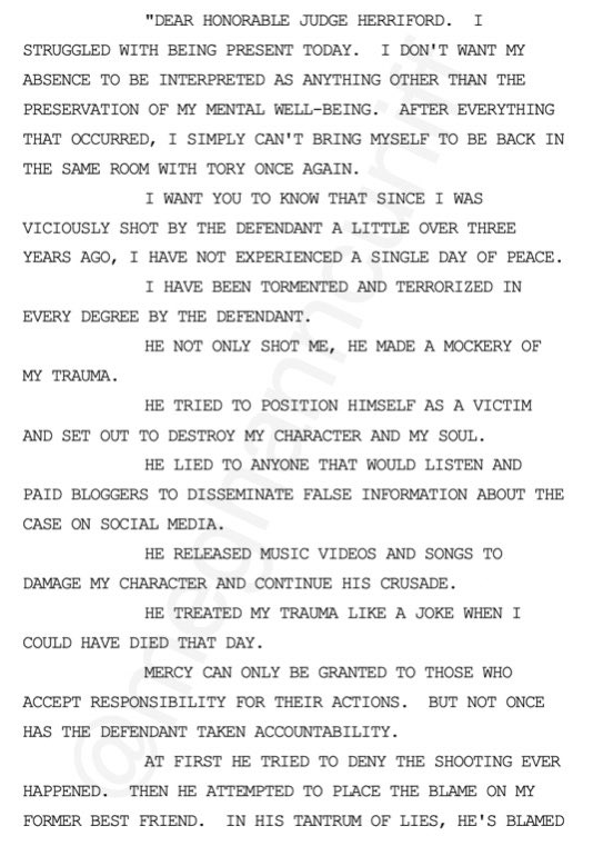 meghanncuniff's tweet photo. “At first, he tried to deny the shooting ever happened. Then he attempted to place the blame on my former best friend. In his tantrum of lies, he’s blamed the system. Blamed the press.”

Here’s the full statement Megan @TheeStallion wrote for the judge who sentenced Tory Lanez: https://t.co/205eHnetYe