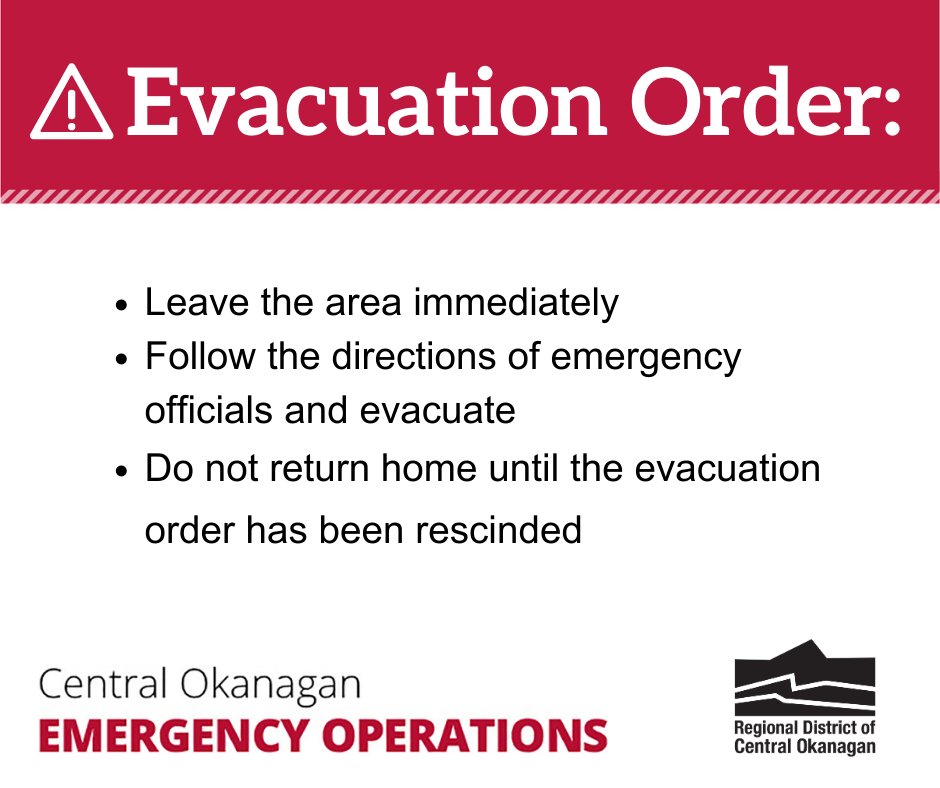 All properties in Sailview Bay, Raymer Bay, Bear Creek Provincial Park, and Traders Cove are now under Evacuation Order due to the McDougall Creek Wildfire.
For more information: cordemergency.ca/updates/furthe…
