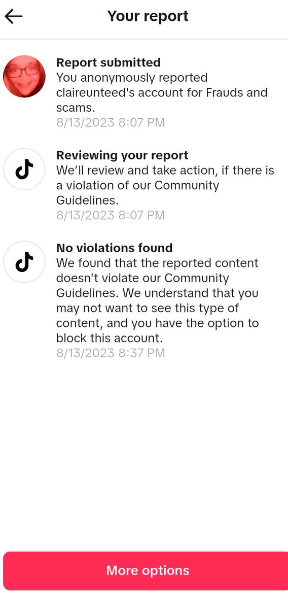4evr_Searching's tweet photo. @TikTokSupport Why are literal scammer accounts, including ones impersonating other popular creators, said to not have any violations when I report them? https://t.co/Rmcj0rJm4O