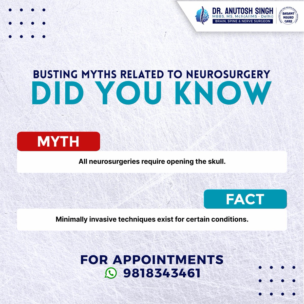 AnutoshAts's tweet photo. Breaking down neurosurgery myths, revealing the brilliance behind the scalpel. 📷📷 #neurosurgery #SurgicalTruths #myths #debunkingmyths #yourhealthisyourwealth https://t.co/tETg89jT8b