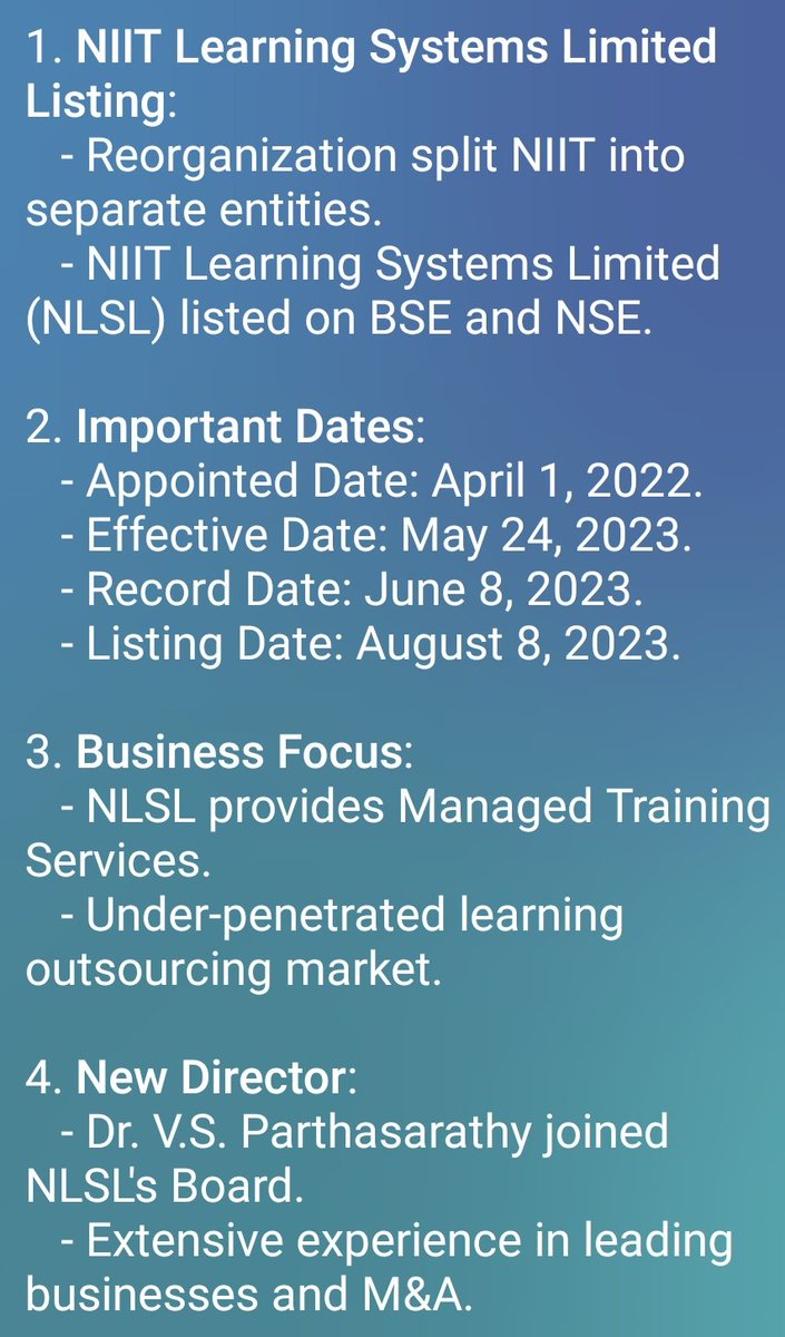 ConcallSummary's tweet image. Key Summary from NIIT Learning Systems Ltd. Q1FY24 Concall

Follow 📢 for More Concall Summary

#NIIT
#NIITLearning
#Concall
#Q1FY24
#TrendingNow 
#StocksInFocus 
#StockMarket 
#stockmarketnews 
#stockstowatch