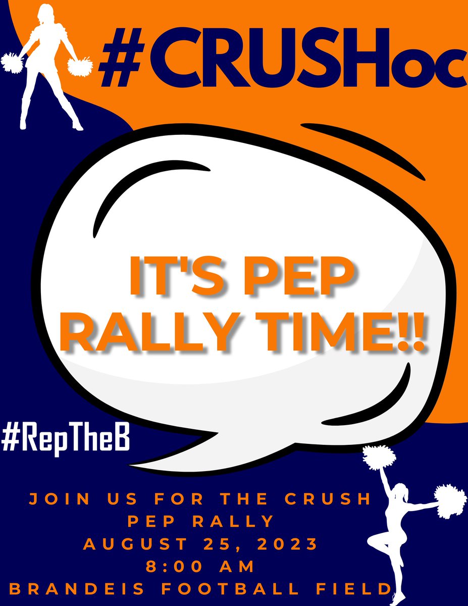 Brandeis High School (@nisdbrandeis) on Twitter photo It's time for our #CRUSH pep rally!! You don't want to miss it! Come see what the craze is all about!
📅Friday, August 25th
🕘8:00 AM
📍Brandeis football field
#CRUSHoc #RepTheB #family #PigskinClassic @geriberger08 <a href="/CBruce_Sr/">C. Bruce</a> <a href="/BroncosBrandeis/">Brandeis Broncos Athletic Booster Club</a> <a href="/SaBrandeis/">Broncos Country 🐎</a> It's time for our #CRUSH pep rally!! You don't want to miss it! Come see what the craze is all about!
📅Friday, August 25th
🕘8:00 AM
📍Brandeis football field
#CRUSHoc #RepTheB #family #PigskinClassic @geriberger08 <a href="/CBruce_Sr/">C. Bruce</a> <a href="/BroncosBrandeis/">Brandeis Broncos Athletic Booster Club</a> <a href="/SaBrandeis/">Broncos Country 🐎</a>