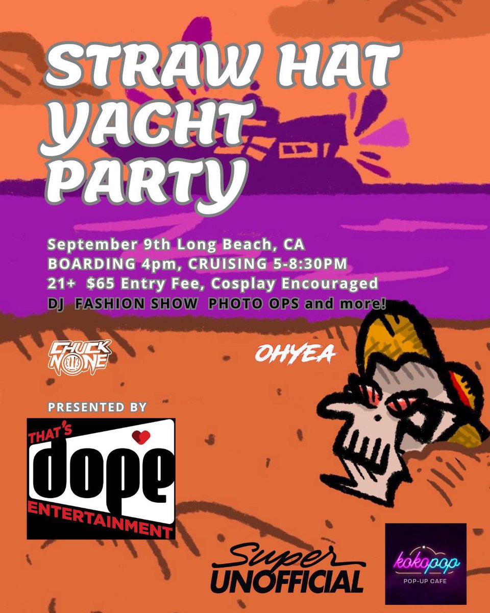 michelle_maka's tweet photo. STRAW HAT YACHT PARTY 🍖🏴‍☠️ 9/9 

I’ll be there, so if you are interested there will be a DJ &amp; Dance Floor, Fashion Show, Scavenger Hunt &amp; Prizes, Photography Sets, and more! https://t.co/bK5XJqG2E8