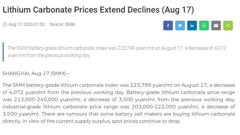 Why are #lithium carbonate prices still falling? 

According to the Shanghai Metals Market (SMM):

1) Cell makers are buying Li2CO3 carbonate directly.
2) The current supply surplus is causing spot prices to continue to drop.