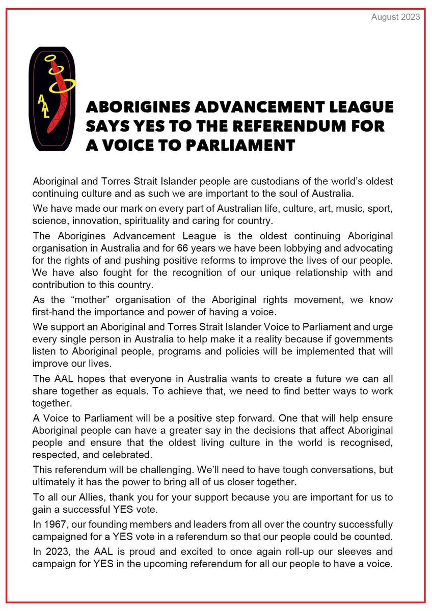 The oldest continuing Aboriginal organisation in Australia is backing the YES vote.

In 1967 the AAL campaigned for mob to be counted. In 2023 they'll be campaigning for mob to be heard. 👏🏽

#yes23
#VoiceTreatyTruth
✊🏾✊🏽✊🏿