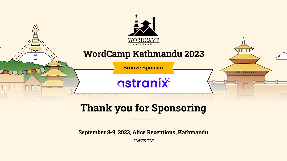 Thank you 'Astranix Technologies' for being a Bronze Sponsor at WordCamp Kathmandu 2023. We are grateful for your generosity in making this event a great success.

kathmandu.wordcamp.org/2023/thank-you…

#WCKTM #WordPress #WordCamp #Sponsors #bronzeSponsor