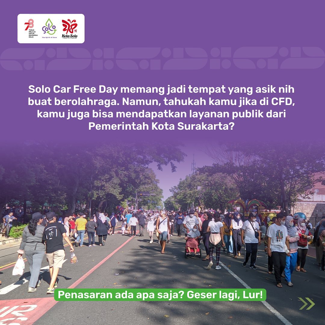 PEMKOT_SOLO's tweet photo. Siapa nih yang hari Minggu suka jalan-jalan di Solo Car Free Day?

Buat kamu yang hanya punya waktu akhir pekan saja untuk mengurus berbagai keperluan administrasi atau mau cari tahu tentang inovasi dan program dari Pemerintah Kota Surakarta, https://t.co/UyL3AlpTnc