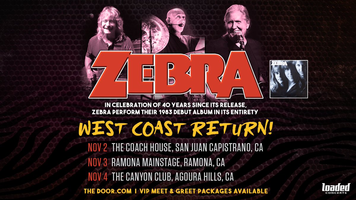 ZebraBand's tweet photo. We're back on the west coast in November! 
Show and VIP tix at: https://t.co/UjrUMGCP3a

@LoadedConcerts #Zebra #California #rocknroll #westcoast https://t.co/keJtlLFRTA