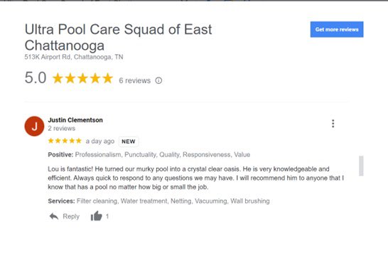 UPCSHQ's tweet photo. This is why we’re on our way to becoming the leader in #poolservice, #poolcare &amp; repair. Thank you, Lou Zarzour, for delivering Ultra Service standards and to our customer, Justin, for his kind words &amp; 5-star review #chattanooga #keepitclean https://t.co/Bz83X1nA3E