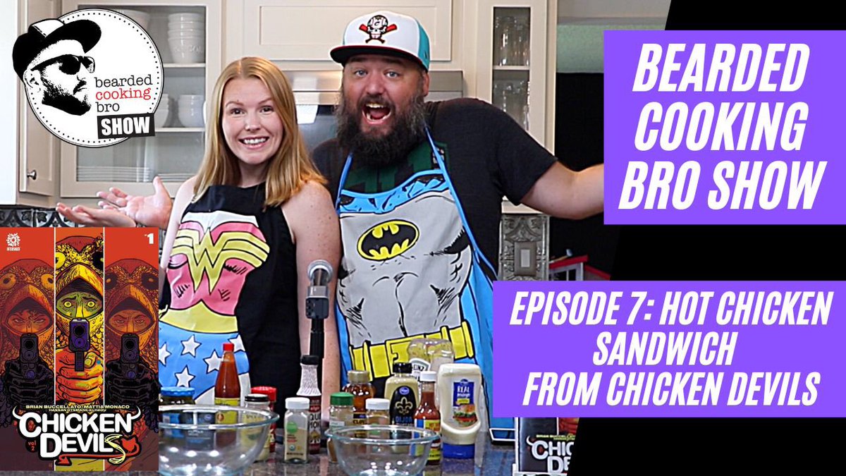 beardedcomicbro's tweet photo. After a long hiatus, Mrs Bearded and I are back with the Bearded Cooking Bro Show. This episode we make the Hot Chicken Sandwich from @AfterShockComix Chicken Devils from @BrianBooch #comics #comicbooks #cooking #chickendevils #hotchicken #beardedcomicbro https://t.co/KwaaxbnYC4 https://t.co/njYoBmrBmC