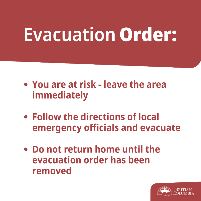 BCGovNews's tweet photo. #BCWildfires are affecting many regions. If you live in a wildfire-impacted area, be prepared in case you need to evacuate. Have a household emergency plan. Know the difference between an evacuation alert or order. https://t.co/bPnTrnu5ix