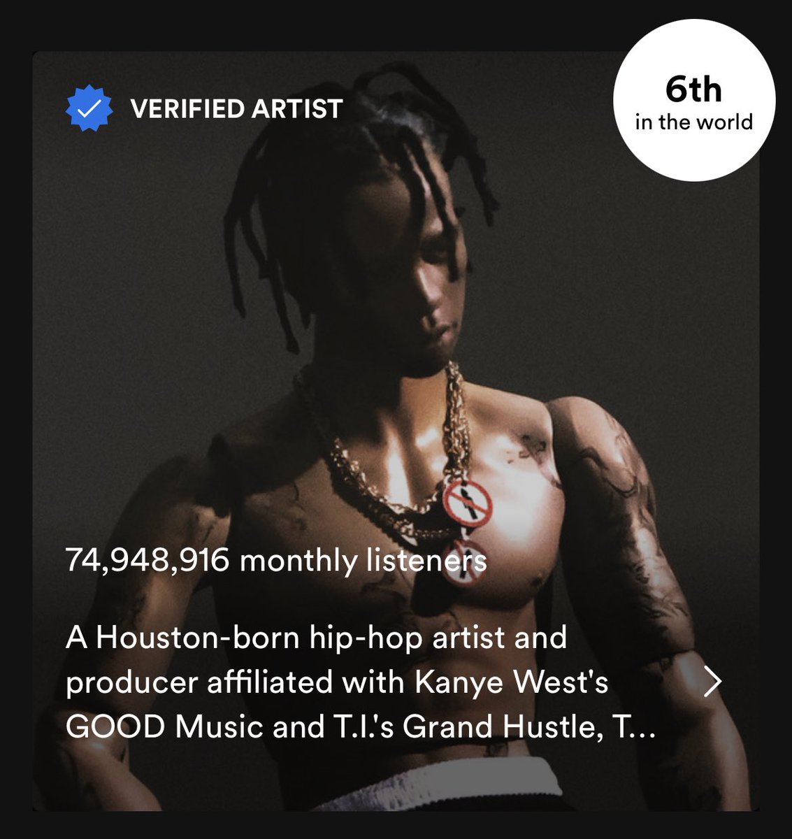 tervisscoot's tweet photo. Travis Scott breaks the record for the most monthly listeners for a rapper in Spotify history at 74.948M, surpassing Drake https://t.co/7zRsb1JmLt