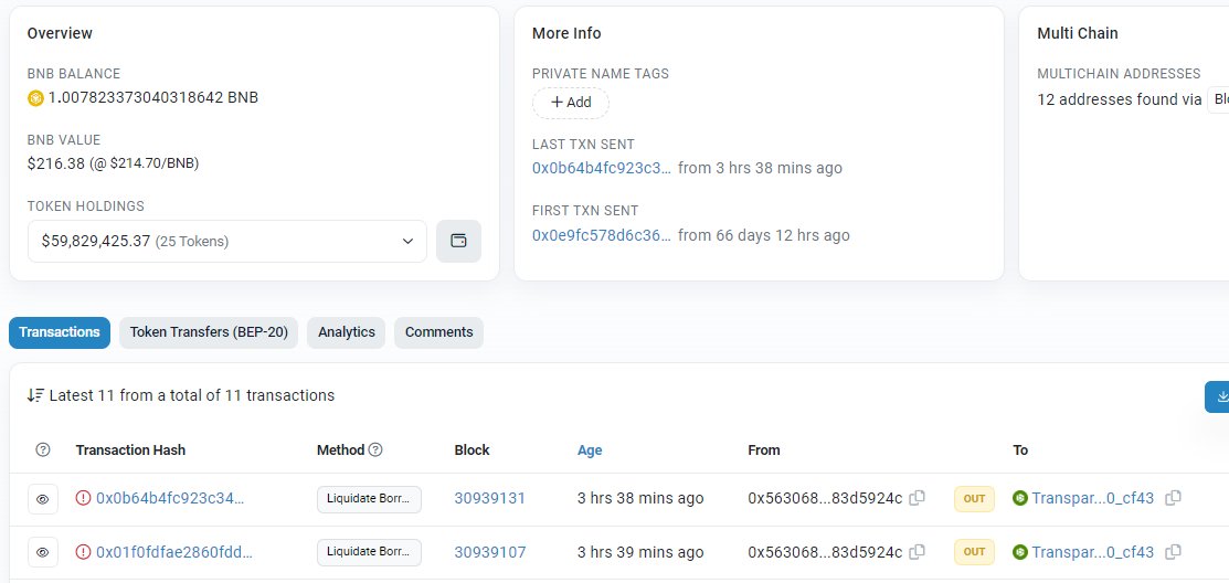 etheraltog's tweet photo. looks like the binance liquidator for the bnb on venus tried to liquidate it twice, failed, and gave up? lmao

0x56306851238D7Aee9FaC8cDd6877E92f83d5924c https://t.co/7QXeqrIAg7