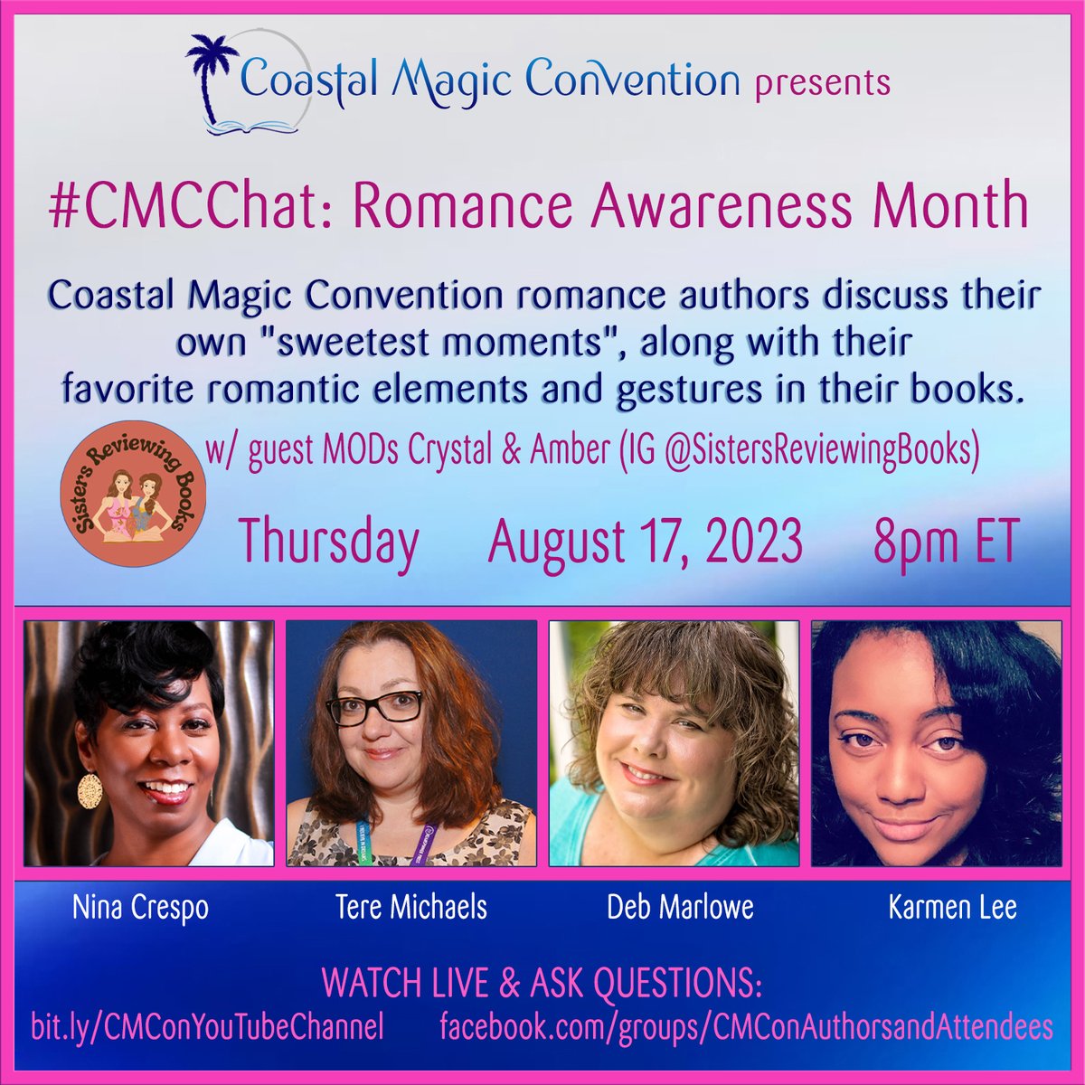 Tonight's the night!!
#CMCon24 authors will be discussing all things ROMANCE for National Romance Awareness Month! We'd love for you to join us. Leave your comments & ask questions in real time on the video thread facebook.com/groups/CMConAu…. Tonight at 8pm ET!!