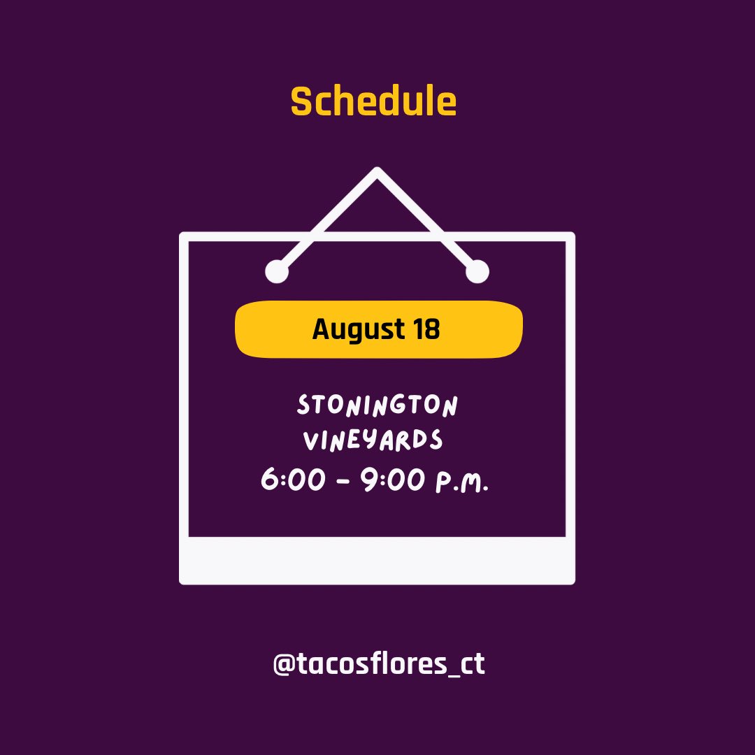 tacosflores_ct's tweet photo. We’ll be at @stoningtonvineyards tomorrow!

Come out and have some fun (and enjoy a delicious 🌮) https://t.co/7Zcf1GpLlF