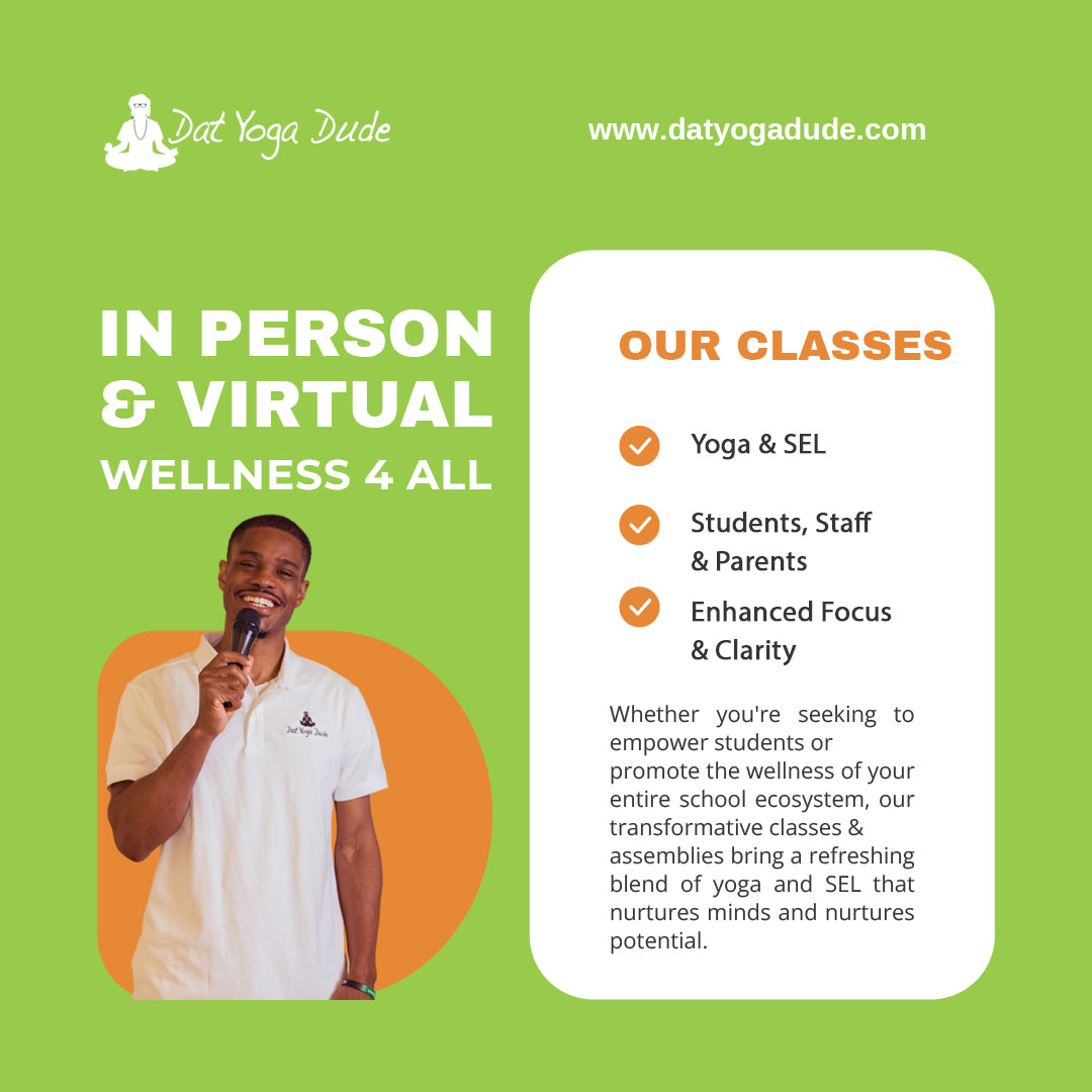 Transformative Wellness Classes &amp; Assemblies:🏫

Immerse your school community in revitalizing yoga and social-emotional learning (SEL) sessions led by an experienced wellness teachers.
---

datyogadude.com

.

#schoolwellbeing #school #educators #teachers #yogainschools