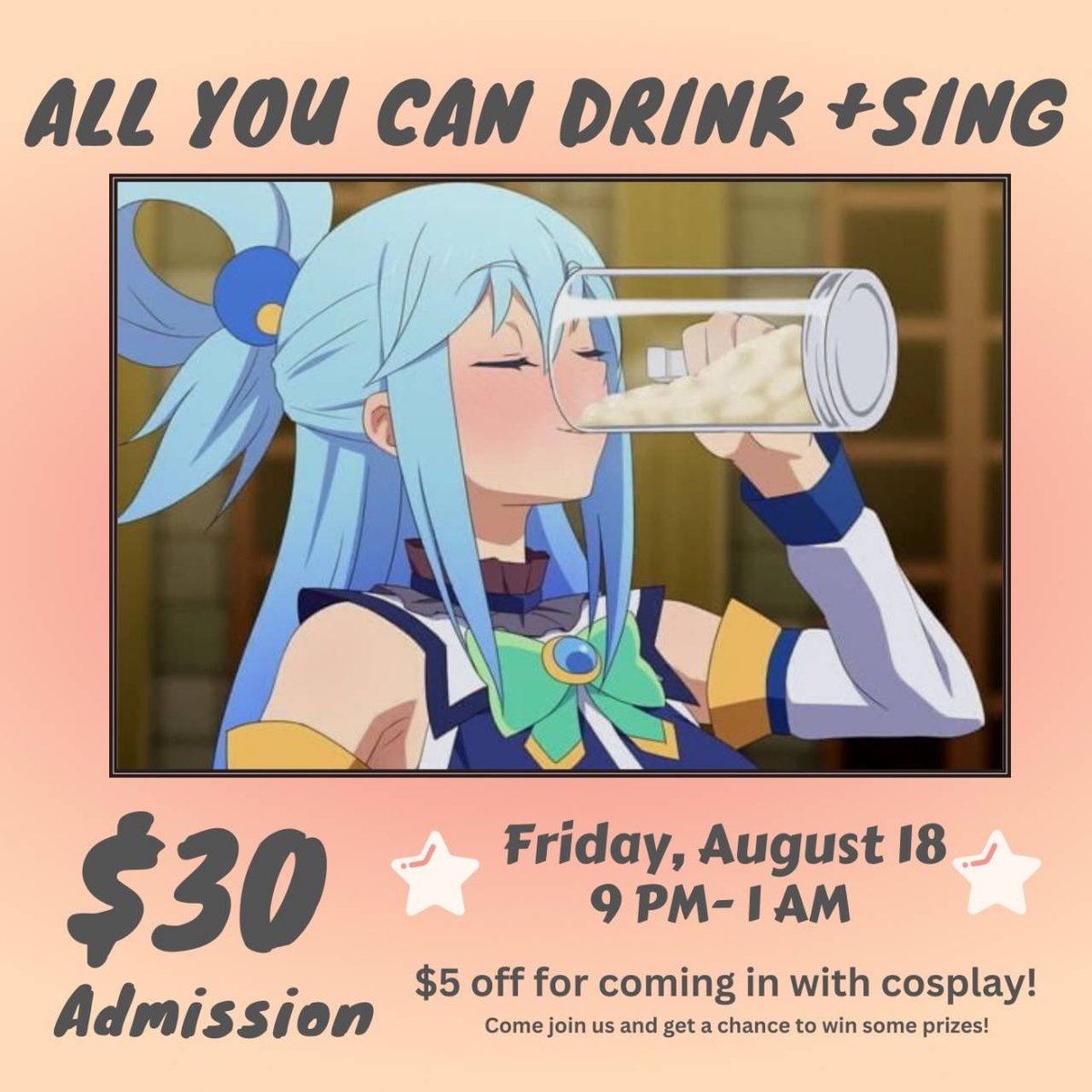 BishamonSushi's tweet photo. ⚠️Tomorrow⚠️

All you can sing and drink💥

If you wear Anime characters cosplay, you will get $5 off for entrance fee! 

#animeevent #downtowncovina #covina #karaoke #bar #Lounge #cosplay #event #karaokebar #like #follow #animeexpo #beer #sapporo #asahi #kirin #orion #sake https://t.co/cB6Q54jbLJ
