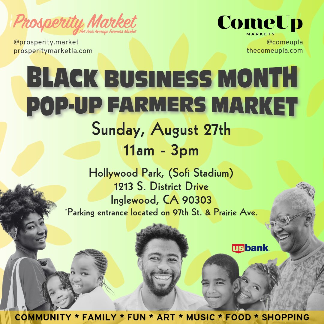 Celebrate #BlackBusinessMonth with us and @ComeUpLA on Sun 8/27, 11am-3pm at <a href="/hollywoodparkca/">Hollywood Park CA</a> 

Fresh produce, good food, family fun, music, shopping &amp; more! VIP wine bar by <a href="/1010Wine/">1010 Wine and Events</a> and special appearance by Tammi Mac of <a href="/RadioFreeKJLH/">RadioFree 102.3 KJLH</a> 

And get your scavenger hunt prizes here!