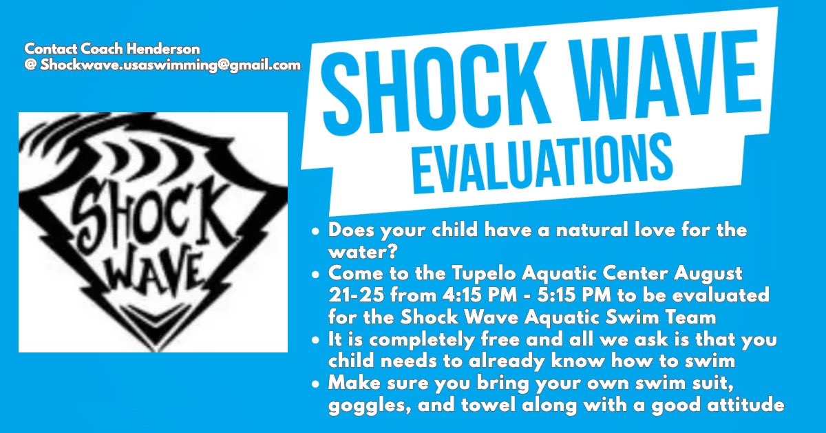 ShockwaveTupelo's tweet photo. Open Evaluations begin Monday August 21 @ 4:15 PM! If your child has an affinity for the water, this is perfect for them! All our groups and rates can be found on our website (link in our bio). We can’t wait to see then! https://t.co/LrxJdwroGV
