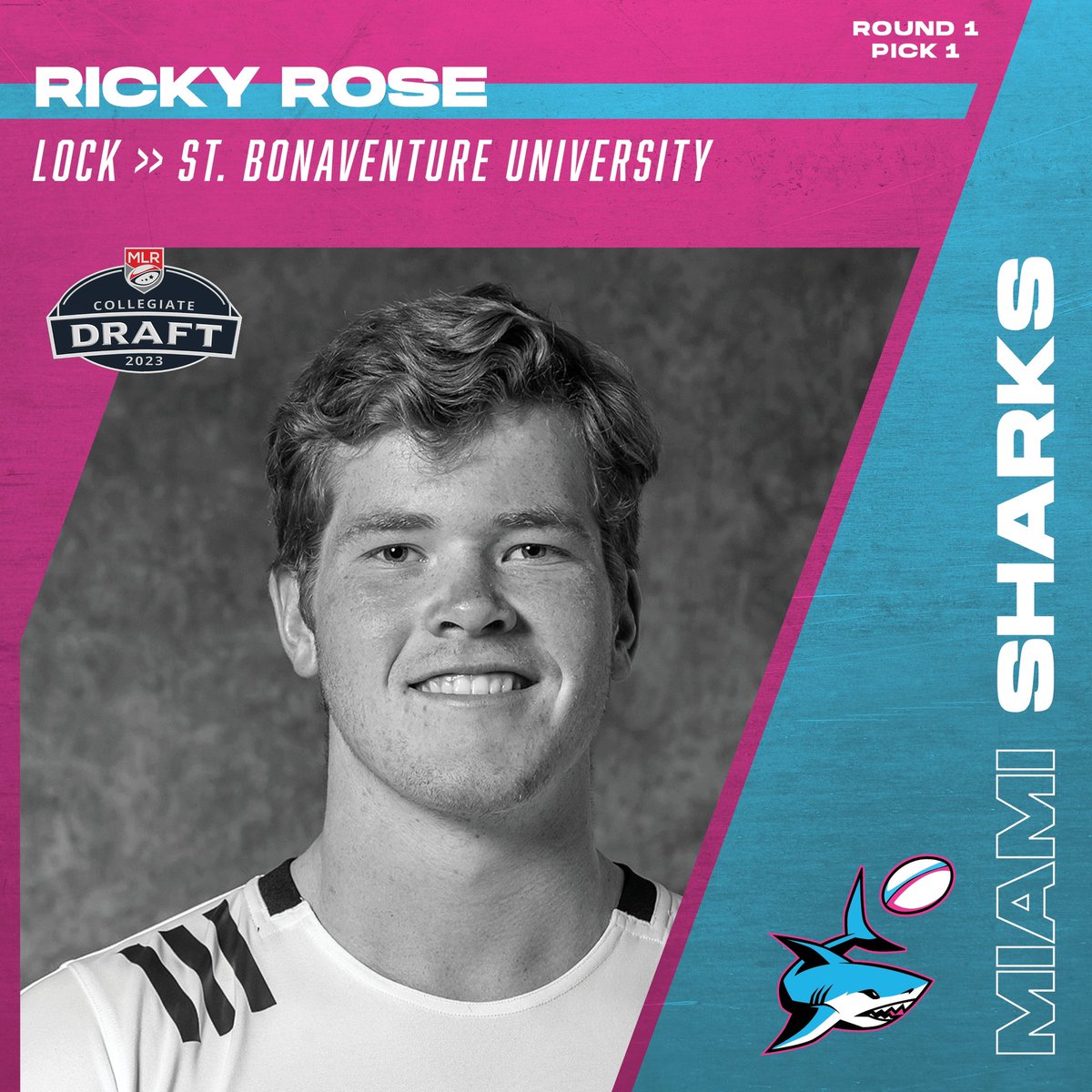 With the 1st pick in the 2023 Draft, @miasharksrugby select Ricky Rose, a lock from St. Bonaventure University. Watch the #MLRDraft live now on FS2.