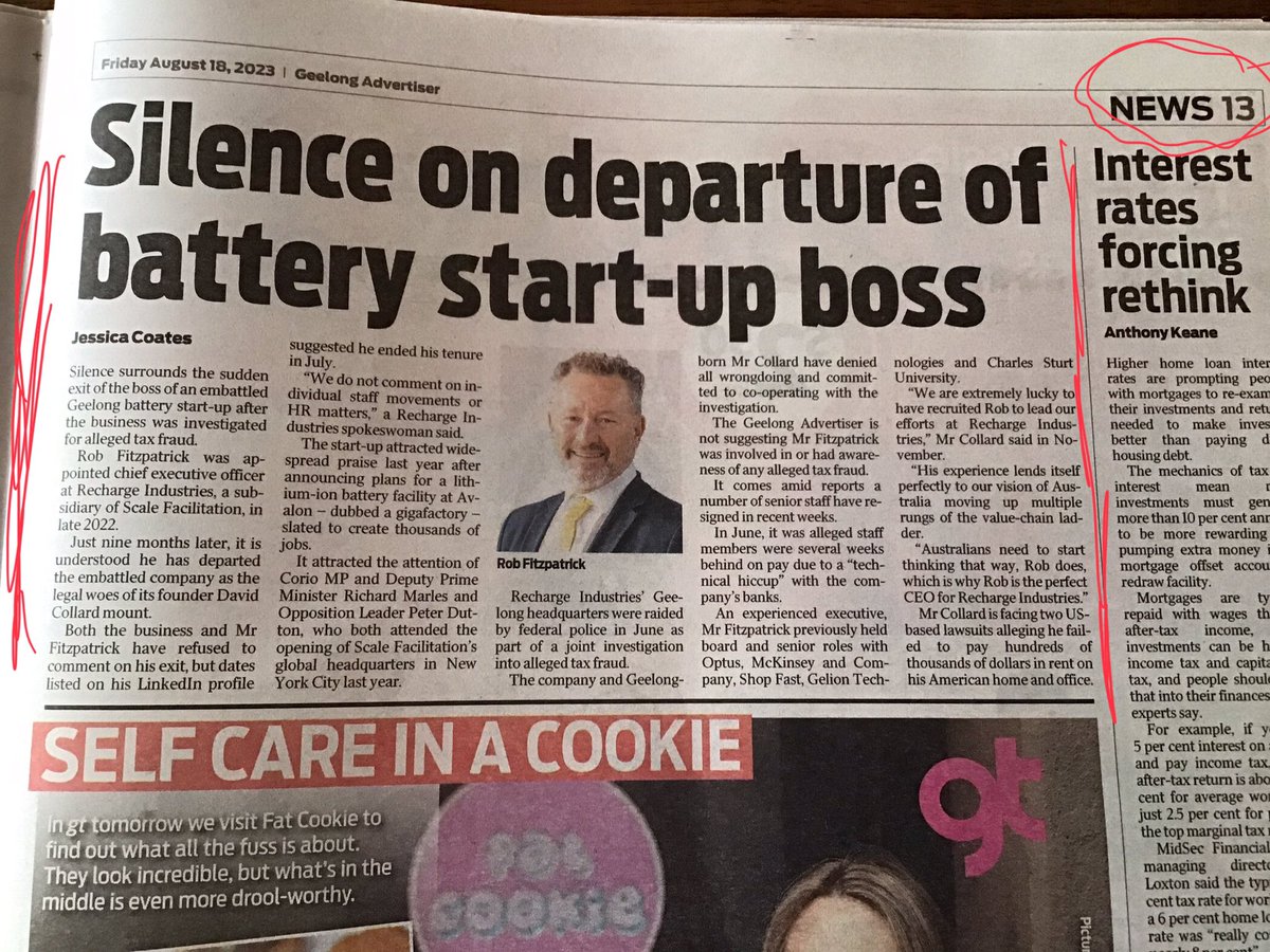 jindivik's tweet photo. @ronInBendigo @LeGrandeWee @MartinVicPark When this claimed big deal battery gigafactory was announced it was all over the front page with The Geelong Advertiser claiming Thousands of jobs to be created.
Well now it’s turned out to be yet another fiasco with no money it’s buried on page 13 .
#NoCashHere https://t.co/CNZJh4LwCH