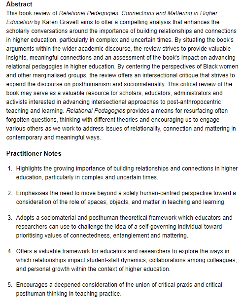 Higher Education Papers (@he_papers) on Twitter photo 2023-08-18 18:50:00 .@ameenalpayne & @HeyTpayne review @k_gravett's book, Relational Pedagogies: Connections and Mattering in Higher Education. Published open access in @jutlp. ro.uow.edu.au/jutlp/vol20/is… .@ameenalpayne & @HeyTpayne review @k_gravett's book, Relational Pedagogies: Connections and Mattering in Higher Education. Published open access in @jutlp. ro.uow.edu.au/jutlp/vol20/is…