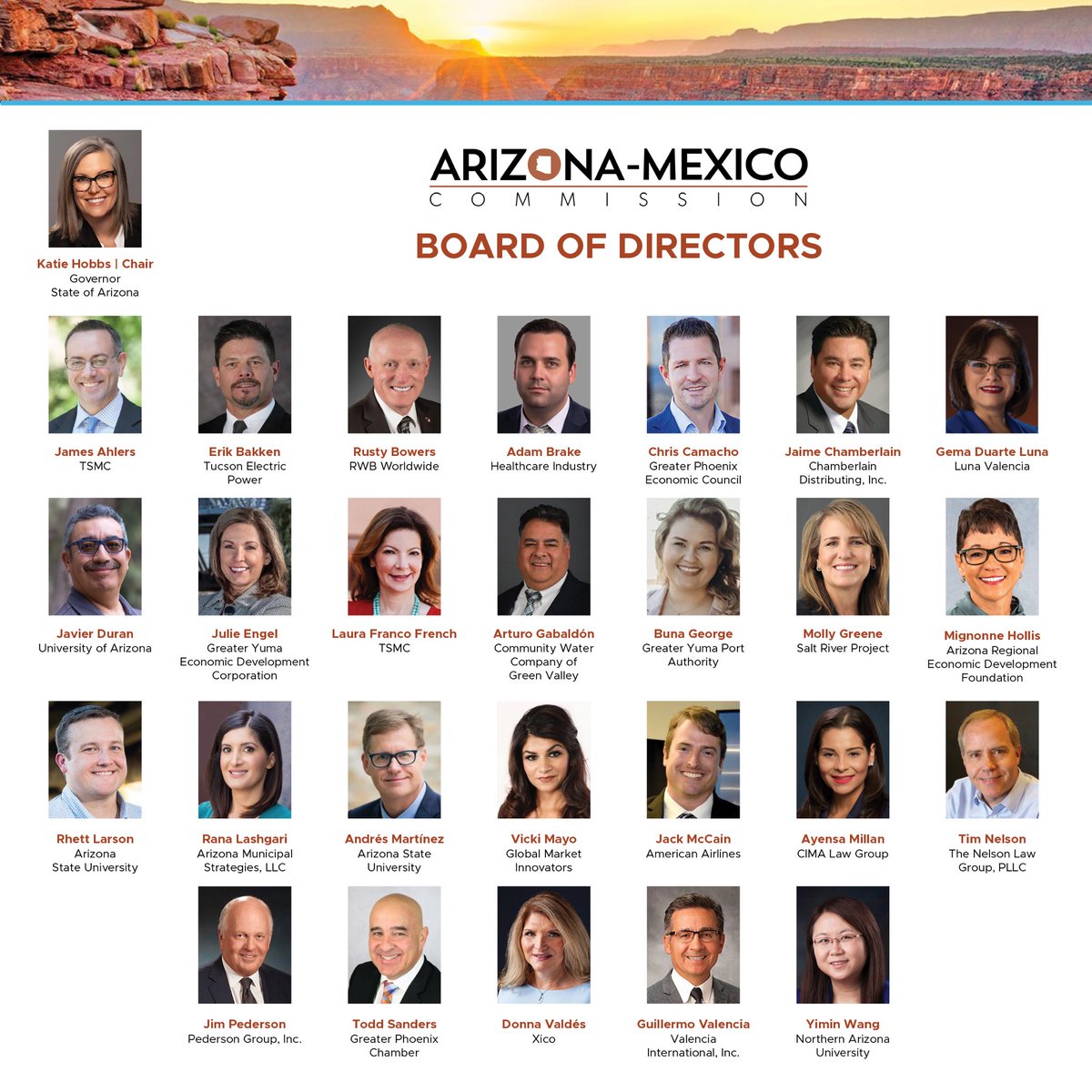 Arizona-Mexico Commission (@azmxcom) on Twitter photo WELCOME TO THE AMC BOARD OF DIRECTORS appointed by <a href="/GovernorHobbs/">Governor Katie Hobbs</a>! This diverse group of experts and industry leaders will advance AMC’s efforts in cross-border projects and initiatives impacting the Arizona-Mexico region. WELCOME TO THE AMC BOARD OF DIRECTORS appointed by <a href="/GovernorHobbs/">Governor Katie Hobbs</a>! This diverse group of experts and industry leaders will advance AMC’s efforts in cross-border projects and initiatives impacting the Arizona-Mexico region.