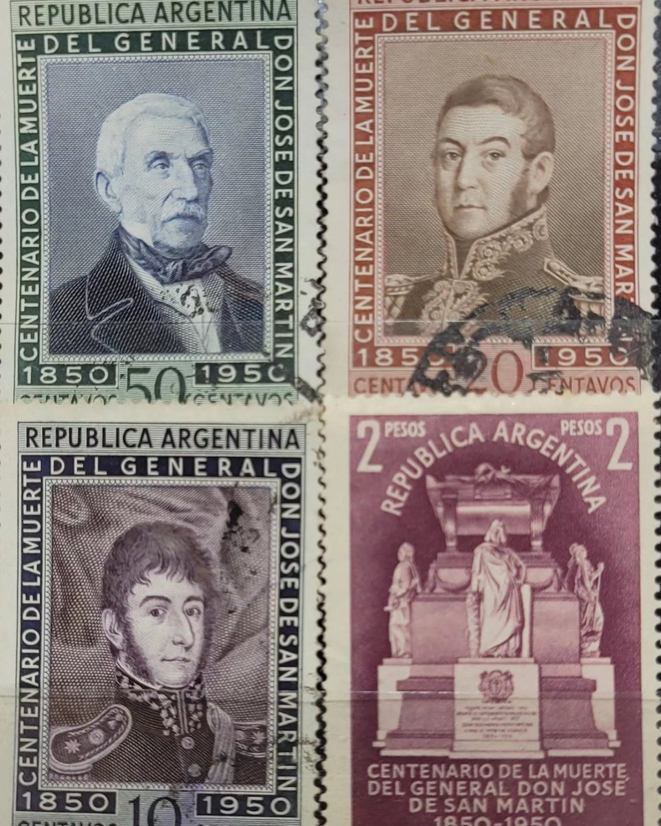 Mint20194's tweet photo. Argentina, hoy recordamos al padre de la patria Dn. José de San Martín.  Emisiones conmemorativas de hace unos años. https://t.co/X07hRSG68r