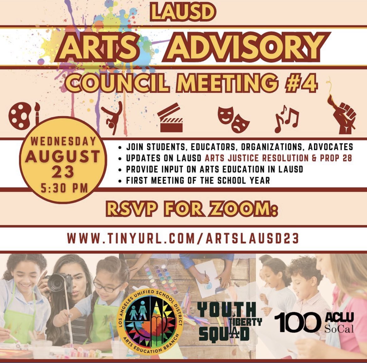 Join us for Arts Advisory Council #4 meeting on August 23th at 5:30PM. Participate virtually with students, educators, and advocates to provide input on arts education in LAUSD.

RSVP at tinyurl.com/artslausd23 and join us on ZOOM: lausd.zoom.us/j/2593903511?p…
