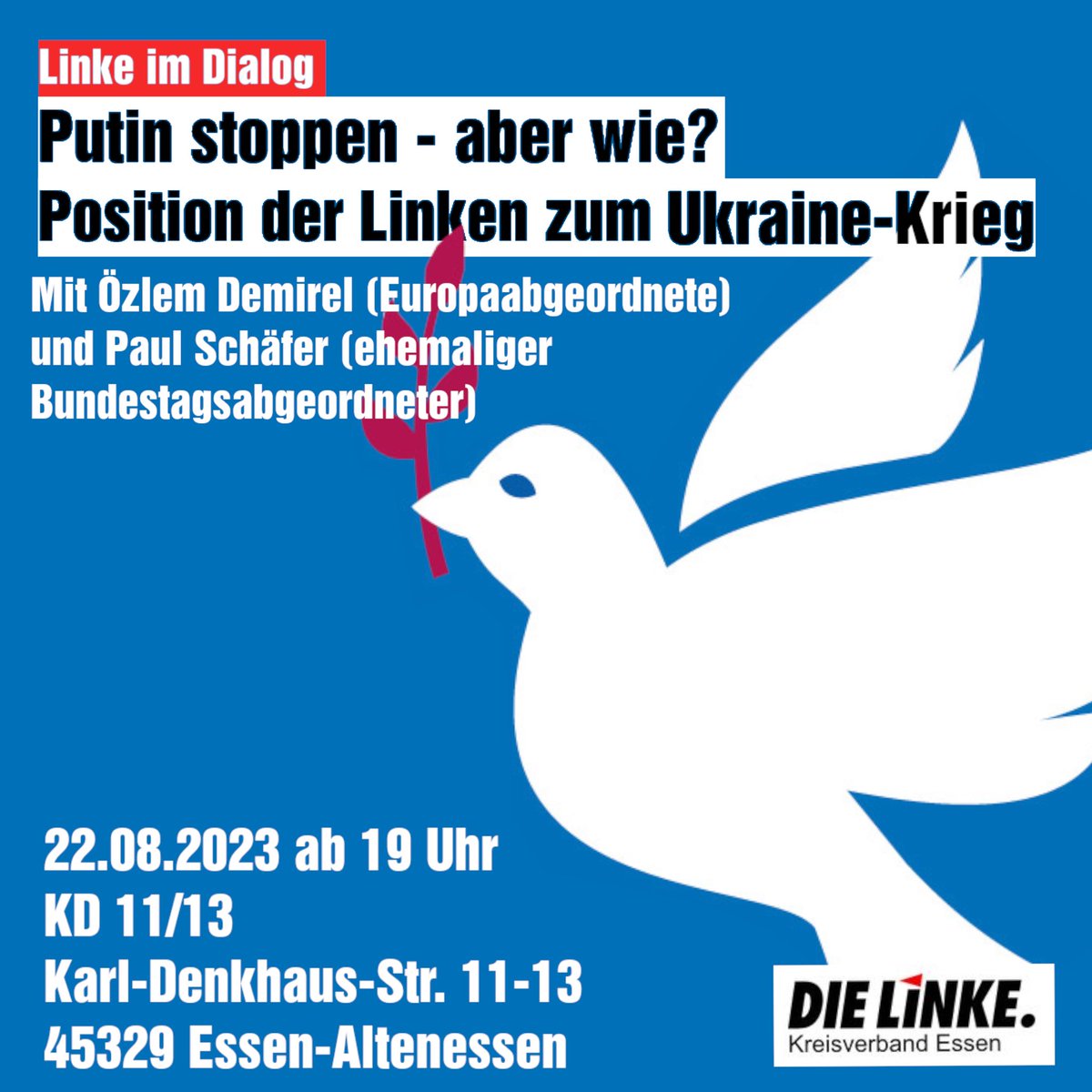 Vor eineinhalb Jahren hat Russland die Ukraine überfallen. Seitdem tobt ein grausamer Krieg mitten in Europa. DIE LINKE verurteilt diesen völkerrechtswidrigen Angriff und fordert mehr Diplomatie. Darüber wollen wir mit den Referent*innen Özlem Demirel &amp; Paul Schäfer diskutieren.