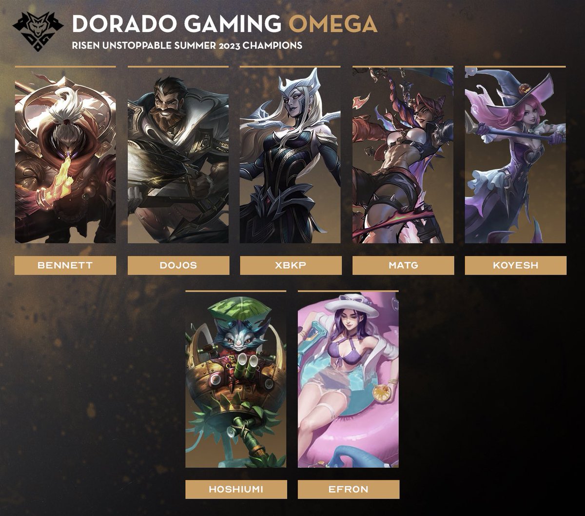 DoradoEsports's tweet photo. It’s been a couple of weeks since #14 came home, but here are your @RisenEsportsNA Unstoppable champions, Dorado Gaming Omega! #DoGWON #YearoftheDoG https://t.co/czBL6iXDvI