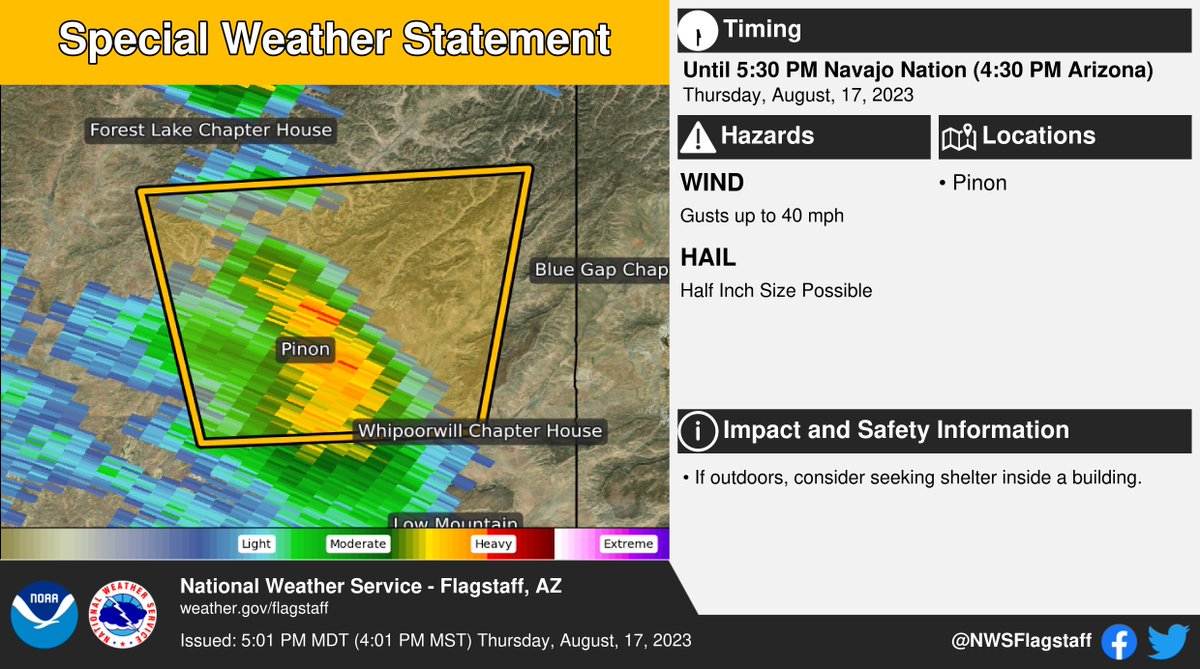 ⚠️ Special Weather Statement ⚠️ in effect until 5:30 PM MDT (4:30 PM MST) for portions of Navajo County. This includes Pinon. #azwx