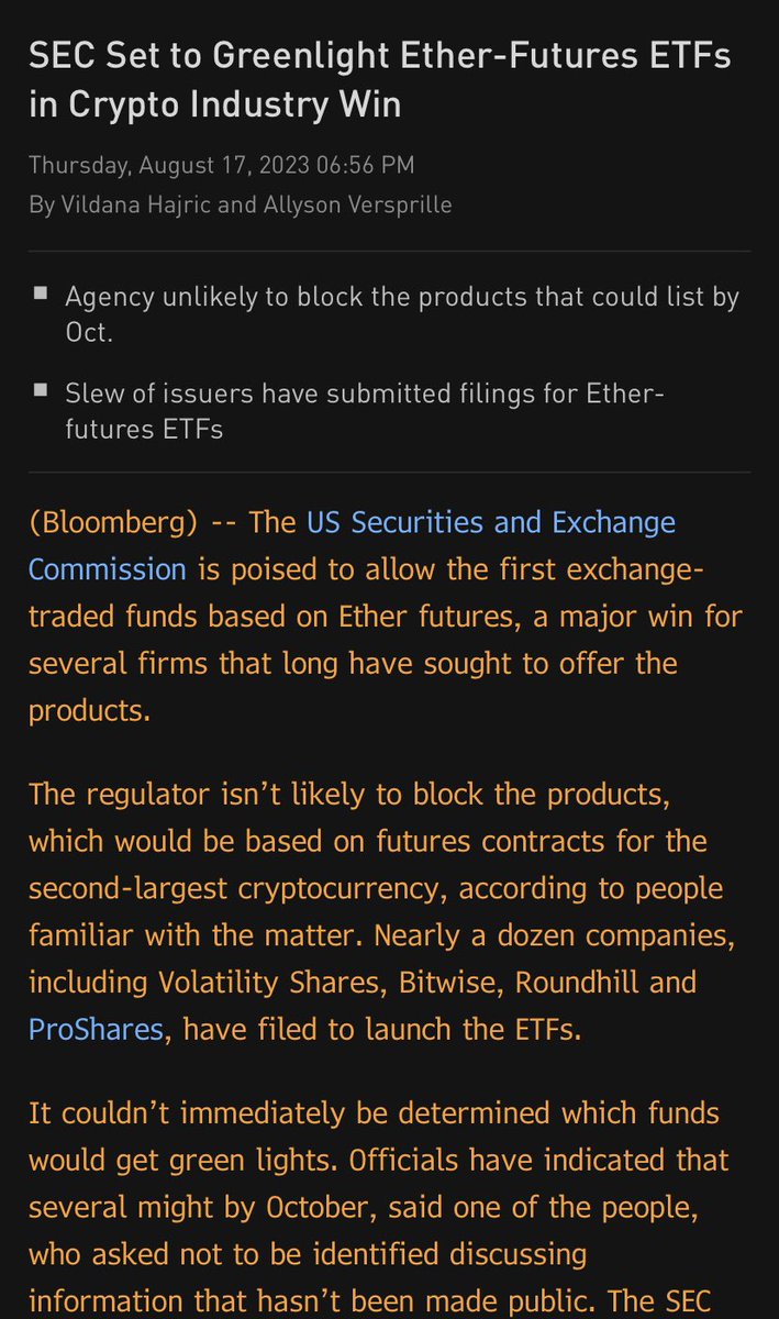 Scoop w/ @VildanaHajric. SEC poised to allow the first exchange-traded  funds based on Ether futures, a major win for several firms that long have  sought to offer the products.