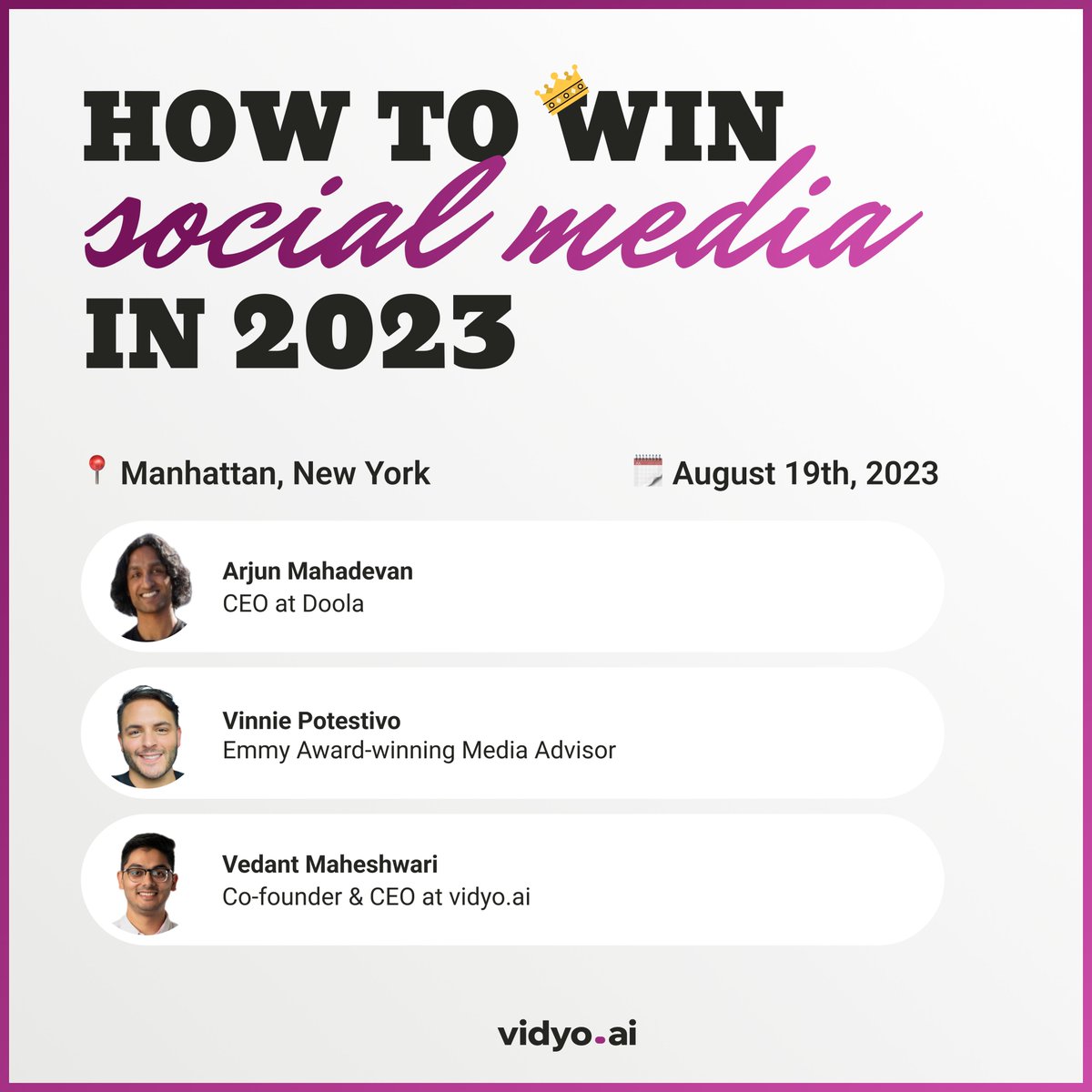 vedantm_'s tweet photo. Joining 100+ attendees in #NYC this weekend to delve into social media, AI, and the next wave of content creation! 📽️
Eager to discuss and share insights with Vinnie Potestivo and @ArjunMahadevan! 😍 Registration's full, but watch out for online snippets.
#vidyoai #videocontent https://t.co/aEGphE75LV
