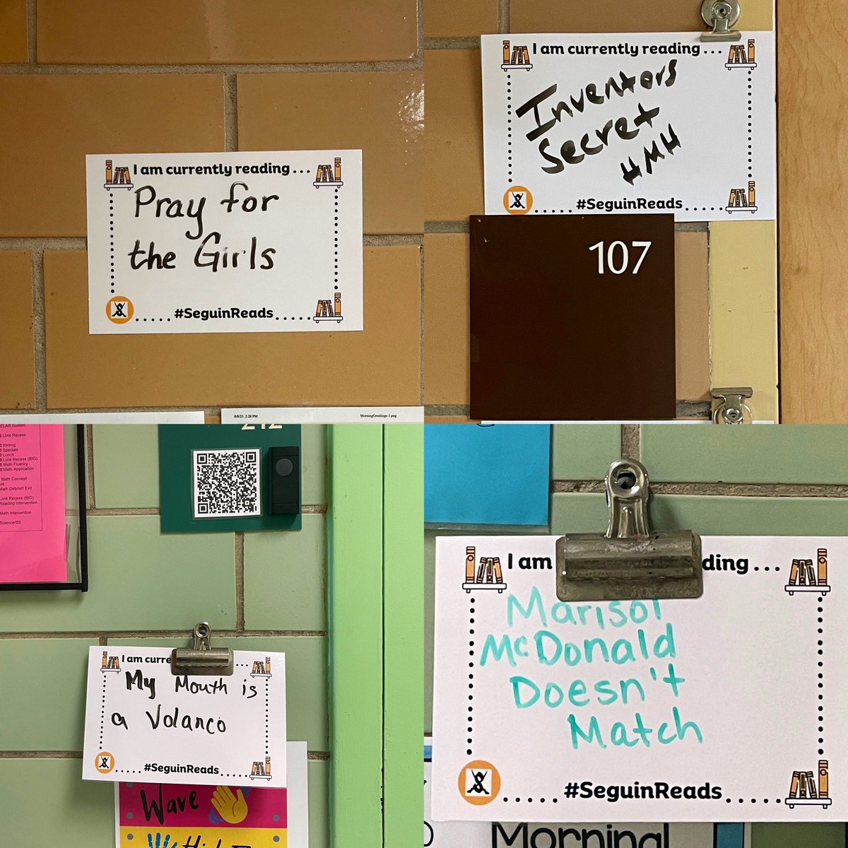 laurenbpish's tweet photo. I spied 👀 several teachers that had filled out their “I am currently reading” signs! This district wide reading reading promotion is just another way to build a campus reading culture! @WeinertES @MatsRead #BrighterTogether #SeguinReads #MatsRead #ReadLearnGrow https://t.co/JArhw73yJr