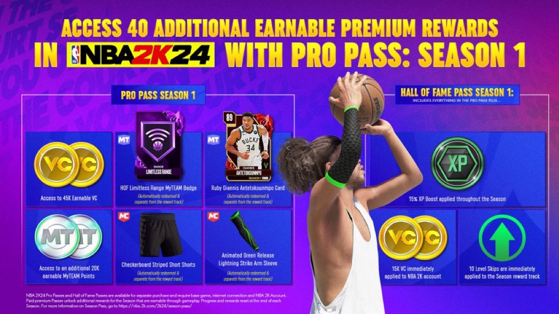 2KIntel's tweet photo. Pro Pass Season 1 unlocks access to 40 levels of earnable premium rewards 

Get the Season 1 Pro Pass and automatically receive:
🔹Animated Green Release Arm Sleeve
🔹Checkerboard Striped Short Shorts
🔹Ruby Giannis Antetokounmpo MyTEAM card
🔹Limitless Range HOF Badge

Hall of Fame Pass includes everything in the Pro Pass +
🔹15,000 VC automatically redeemed
🔹15% XP Booster
🔹10 Level Skips
#NBA2K24