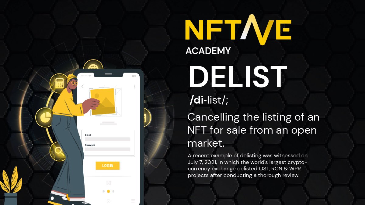 Ready to learn?👇🏼

📌In the world of NFTs (Non-Fungible Tokens), "delist" refers to the process of removing or taking down a specific NFT from a platform or online marketplace where it was being traded.

Turn notifications on, we have an announcement for our community 🤓