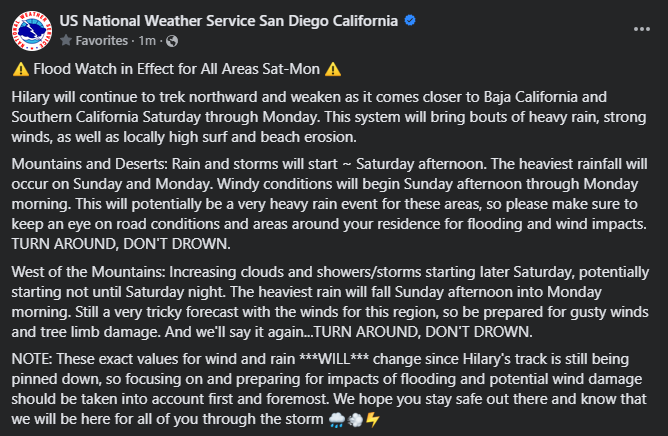 NWSSanDiego's tweet photo. Please follow the thread below on our latest thoughts on #Hilary. The track of Hilary is still being refined, so make sure you are prepared for the impacts this Saturday through Monday. #CAwx https://t.co/eabe3qHRPg