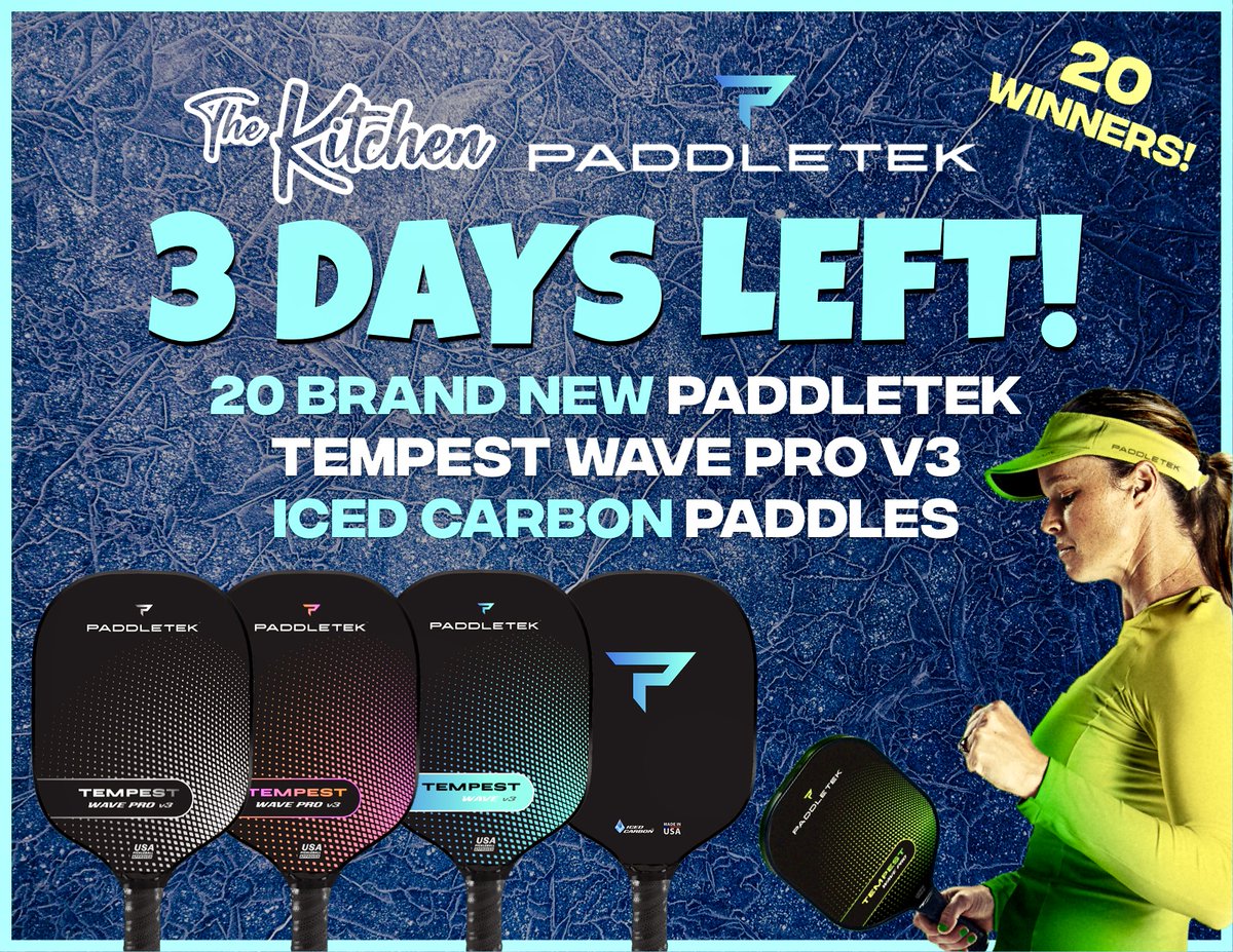 TheKitchenPB's tweet photo. GIVEAWAY — 20 Paddletek Tempest Wave Pro pickleball paddles ⚡️ 

We are partnering with Paddletek to give away 20 (yep, TWENTY!) of their brand new Tempest Wave Pro Iced Carbon pickleball paddles! 🧊 

- FOLLOW STEPS 1-4 BELOW TO ENTER - 

1. FOLLOW 👊
@TheKitchenPB
@PaddletekLLC
2. TAG a few friends below 👇
3. RETWEET this tweet 🤝
4. SUBSCRIBE to our FREE newsletter (HERE 👉https://t.co/QhaVCV6soh) & RECEIVE up to 50 BONUS ENTRIES 🤙

*** You MUST complete steps 1-4 to be eligible. ***  

We will choose 20 random winners on 8/20! 🙌

#pickleball #giveaway