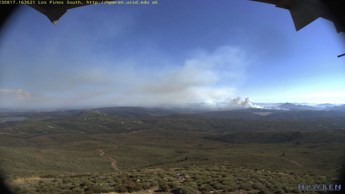ericfrost's tweet photo. #SDSU monitoring #CoyoteFire near #Potrero as winds start 2 decrease. On #WIFIRE https://t.co/9hskT380xk also #HPWREN camera from MtPinosSouth. Satellite images of fire all afternoon. 4:30pm on Thurs. Also monitoring track of Hurricane #Hilary 2 hit during weekend-so rain coming https://t.co/L78U5QTWwF
