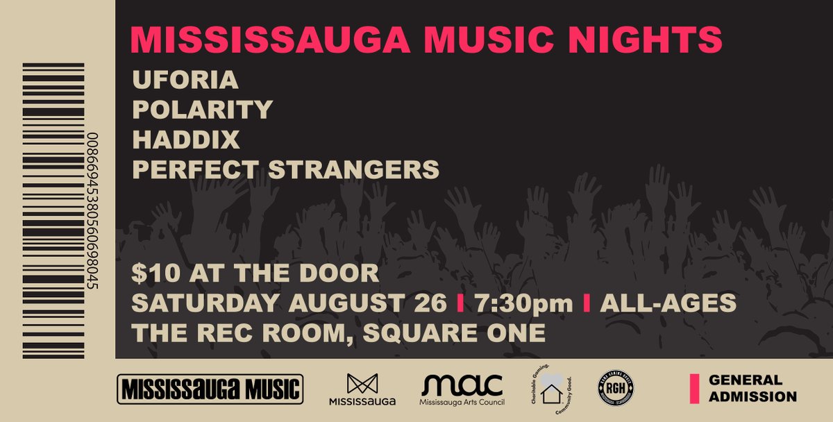 The next "Mississauga Music Nights" is on Saturday AUG 26!

Come check out #PerfectStrangers, #Haddix, <a href="/POLARITYmusic/">POLARITY</a> &amp; <a href="/UforiaBand/">Uforia</a> <a href="/TheRecRoomCa/">The Rec Room CA</a> SQ1!

Thanks to <a href="/citymississauga/">City of Mississauga</a> &amp; <a href="/MissArtsCouncil/">Mississauga Arts Council</a> for making this possible.