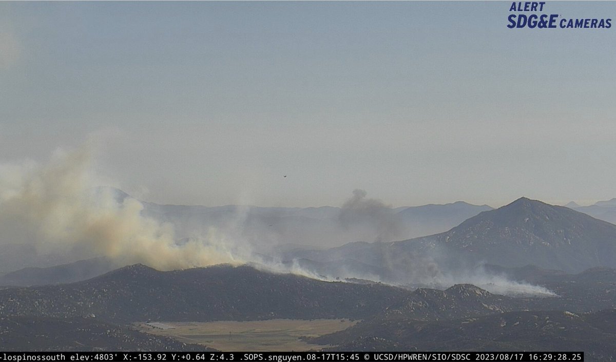 ericfrost's tweet photo. #SDSU monitoring #CoyoteFire near #Potrero as winds start 2 decrease. On #WIFIRE https://t.co/9hskT380xk also #SDGE camera from MtPinos PTZ. Satellite images of fire all afternoon. 4:30pm on Thurs. Also monitoring track of Hurricane #Hilary 2 hit during weekend, so rain coming https://t.co/JS9Afxuajb