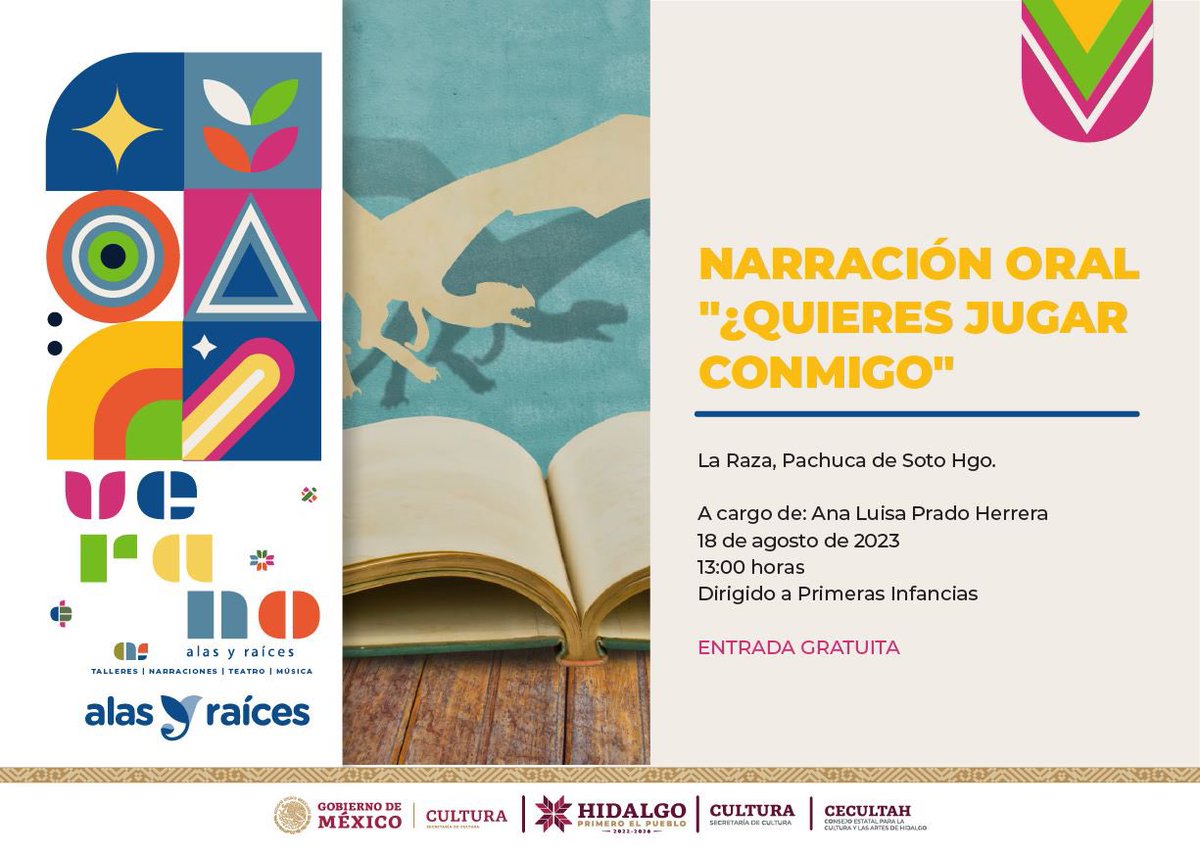 gobiernohidalgo's tweet photo. ¡Disfruta del verano con #AlasYRaices! 🪽
A través de @CulturaHidalgo, te invitamos a formar parte de la Narración Oral "¿Quieres jugar conmigo?"
🗓 Viernes 18 de agosto
⏰ 13:00 horas
📍 La Raza, Pachuca
¡No faltes, te esperamos! https://t.co/vX5LpernaF