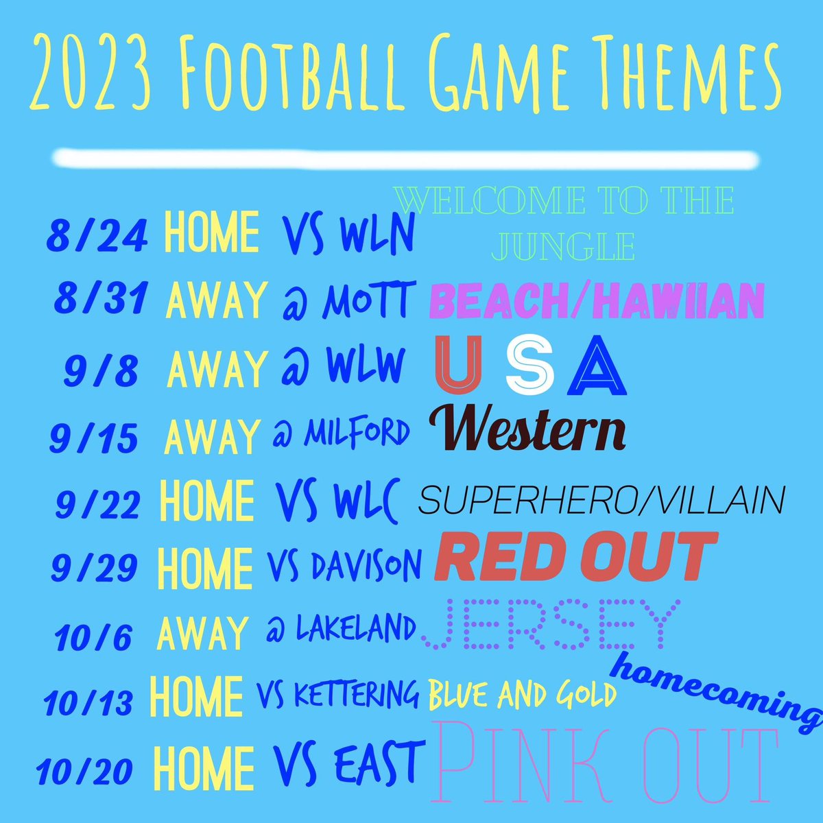 sl_section's tweet image. SL here are your 2023 themes. Showout every game with energy and appropriate attire. Let’s bring loud positive energy!! @HEDslhsfootball @slhslions